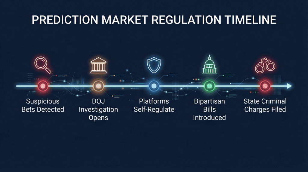 Timeline infographic showing key events in prediction market regulation from suspicious bets to criminal charges
