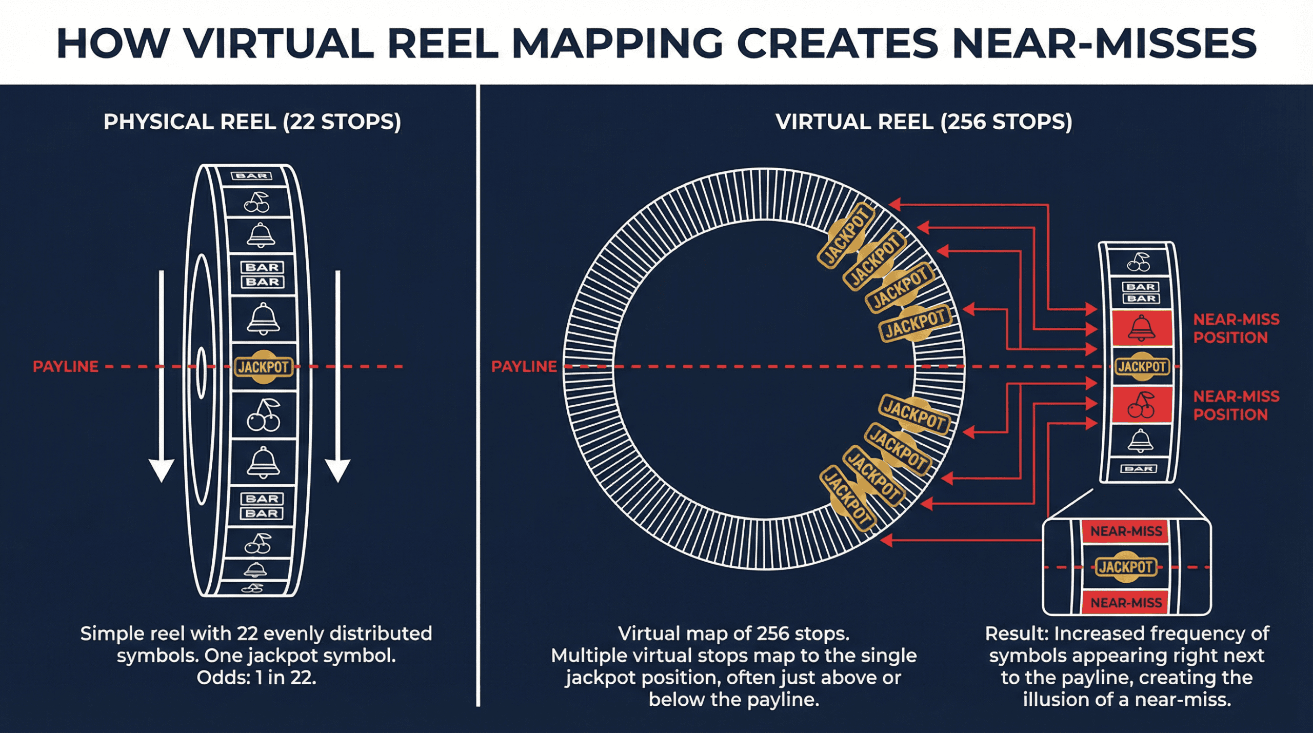 Infographic showing how virtual reel mapping creates near-misses in slot machines — physical reel vs virtual reel comparison