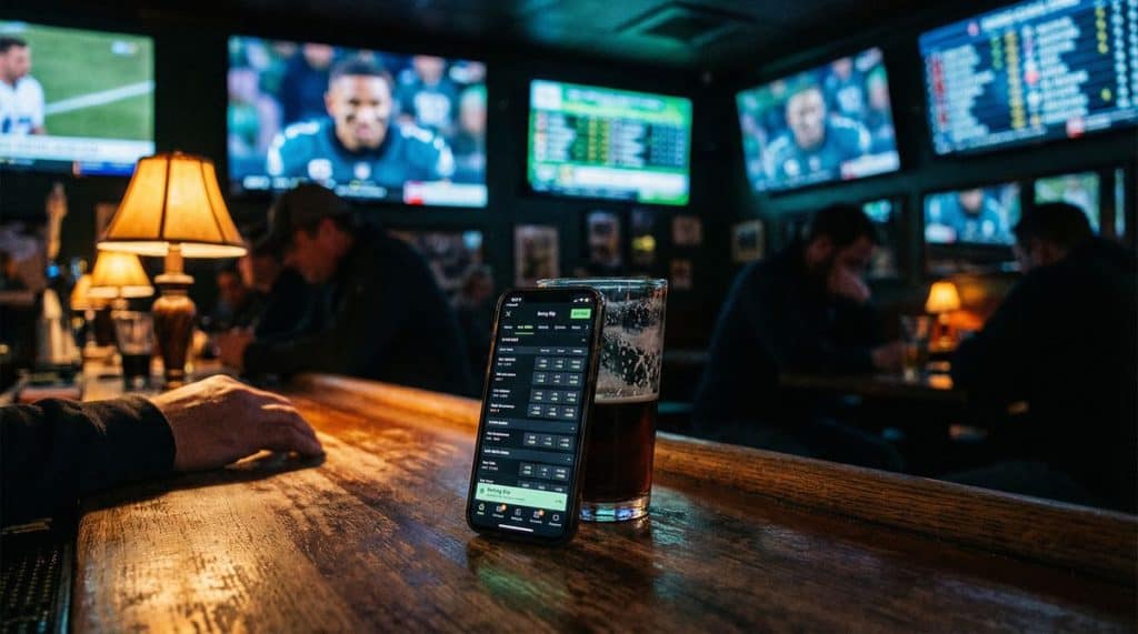 A smartphone showing a sports betting app sitting next to a pint of beer on a dimly lit sports bar counter