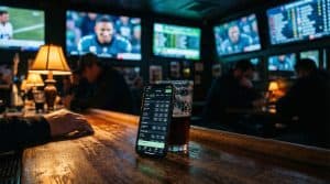 A smartphone showing a sports betting app sitting next to a pint of beer on a dimly lit sports bar counter