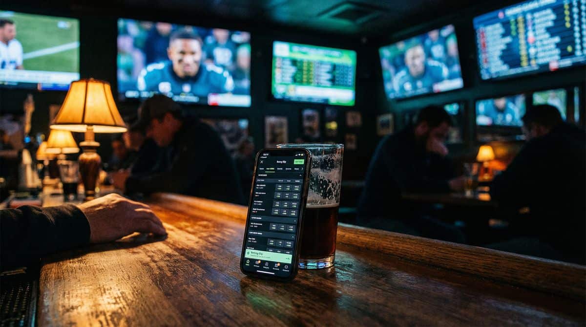 A smartphone showing a sports betting app sitting next to a pint of beer on a dimly lit sports bar counter