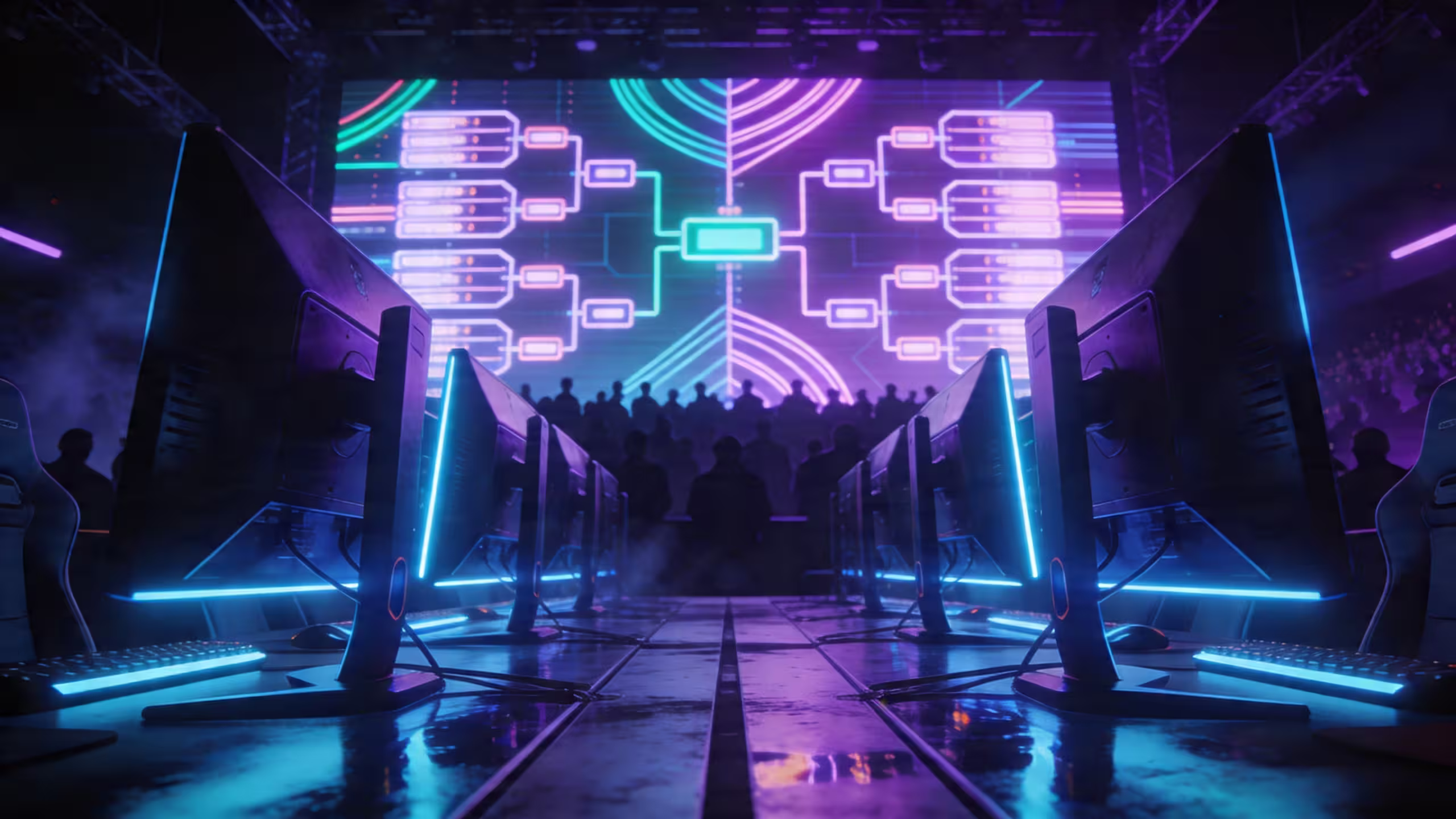 Esports tournament arena stage prepared for a 2026 major event with LED lighting and empty gaming booths.