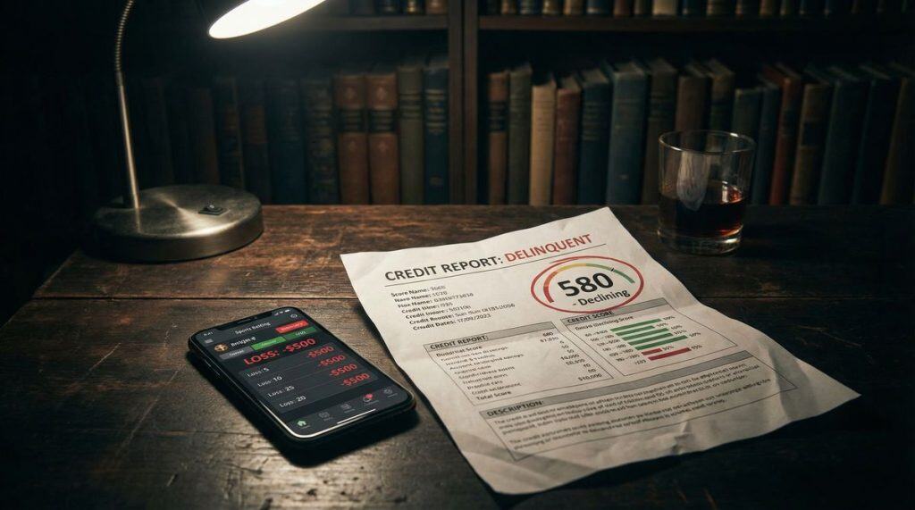 Crumpled credit score with declining 580 score next to smartphone showing sports betting losses