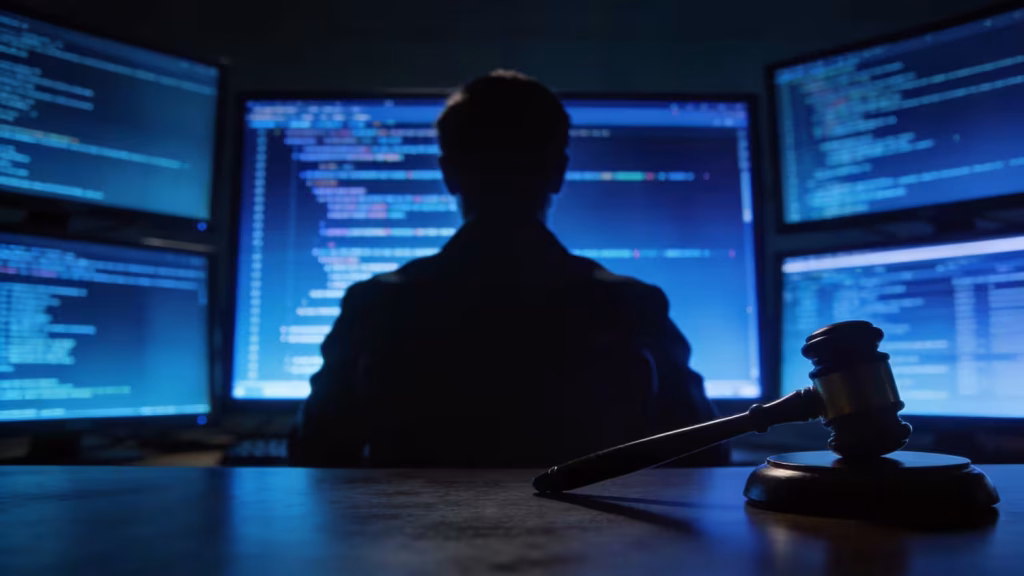Multiple screens showing data and code next to an unused gavel on a desk