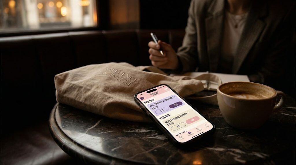 Smartphone showing prediction market app with pastel UI on marble table next to latte