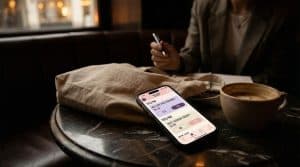 Smartphone showing prediction market app with pastel UI on marble table next to latte