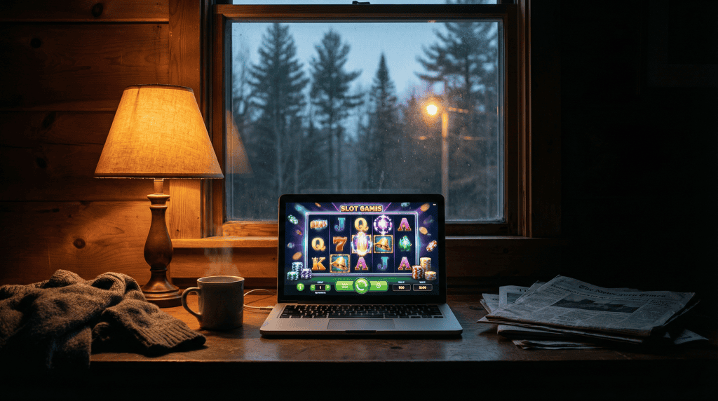 Laptop displaying online casino games in a cozy Maine cabin setting