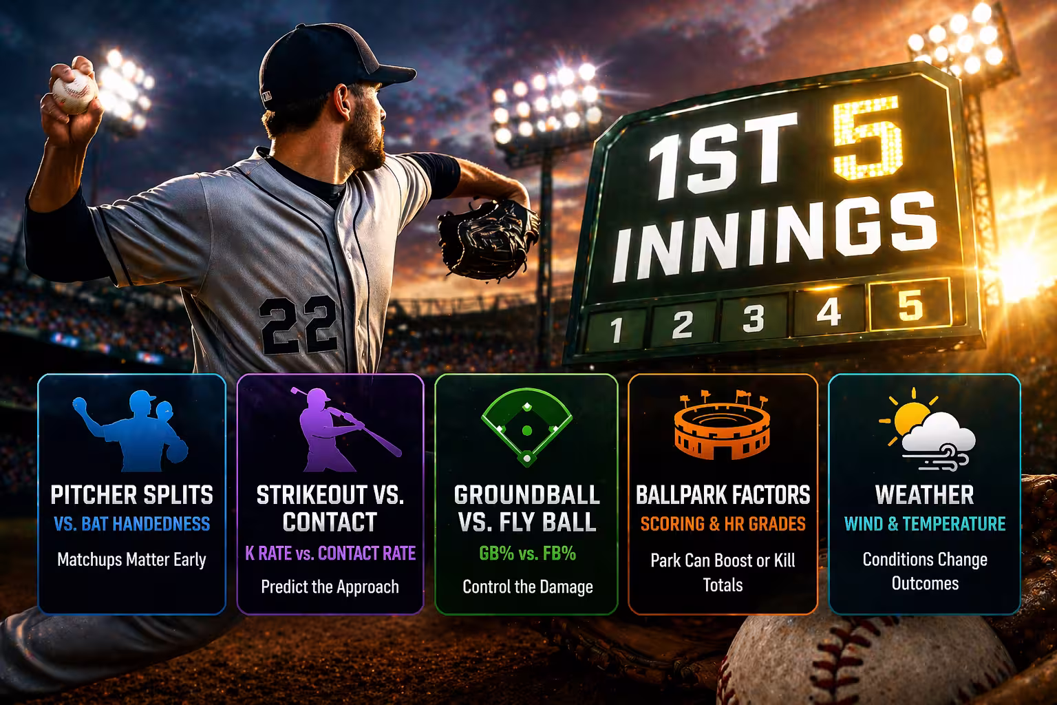 MLB first 5 innings betting image with pitcher mid-throw, stadium scoreboard showing early innings, and key F5 factors infographic.
