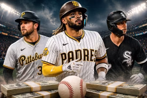 MLB home run picks image featuring Tatis Jr, O’Hearn and Meidroth with baseball and cash in dramatic stadium setting.