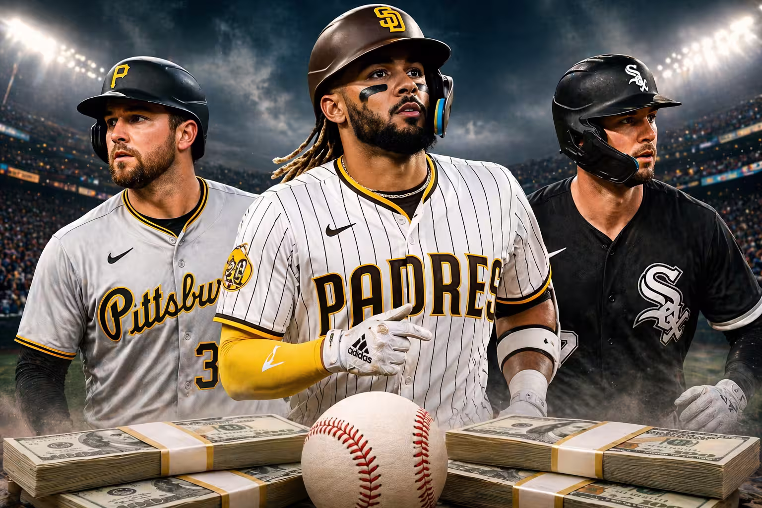 MLB home run picks image featuring Tatis Jr, O’Hearn and Meidroth with baseball and cash in dramatic stadium setting.