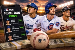 MLB home run props image showing Ohtani, Crow-Armstrong and Keaschall with betting odds on phone, baseball and cash in stadium.