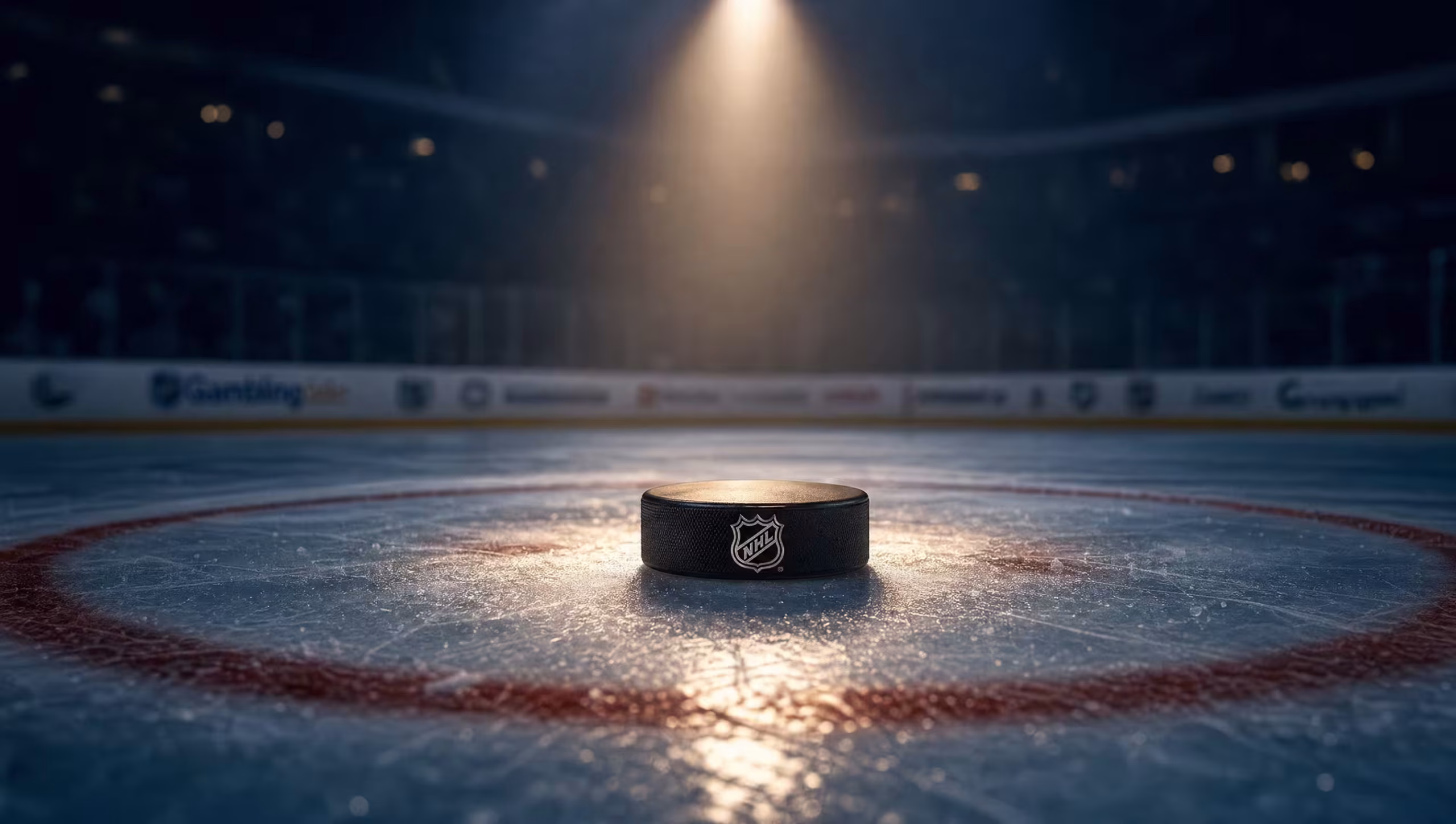 Black hockey puck centered on freshly cut ice under a sharp arena spotlight, with rink lines blurred behind in deep navy.
