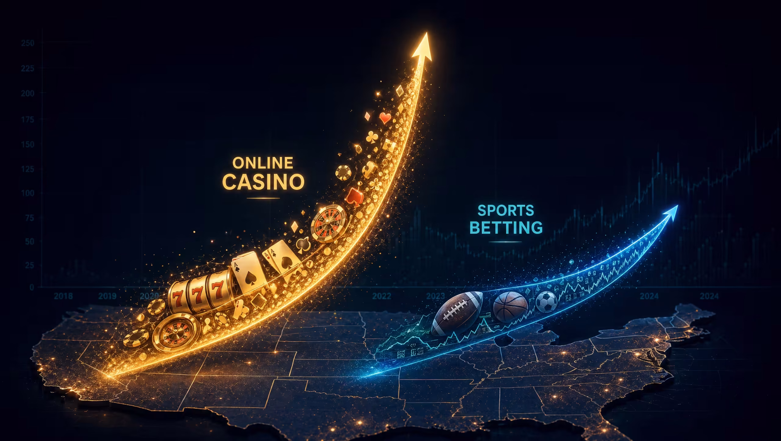 Two upward growth curves on a dark navy background, with the taller gold curve representing U.S. online casino revenue growth outpacing a shorter blue curve representing sports betting growth