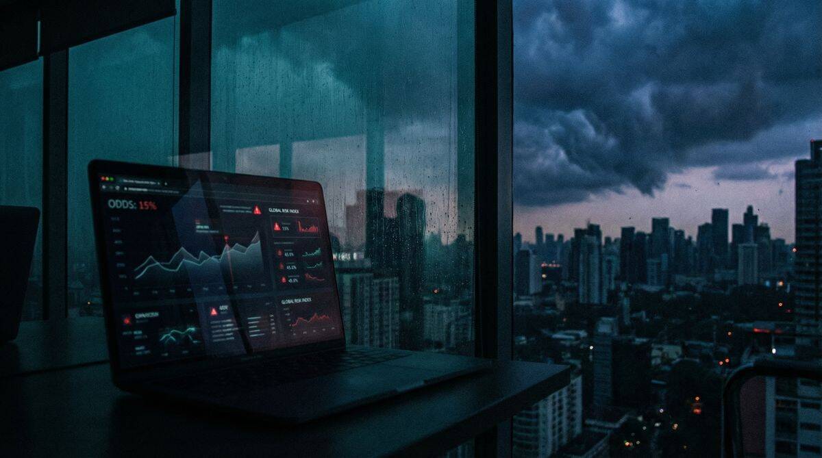 A laptop displaying prediction market trading odds reflected in a window overlooking a city skyline under stormy skies