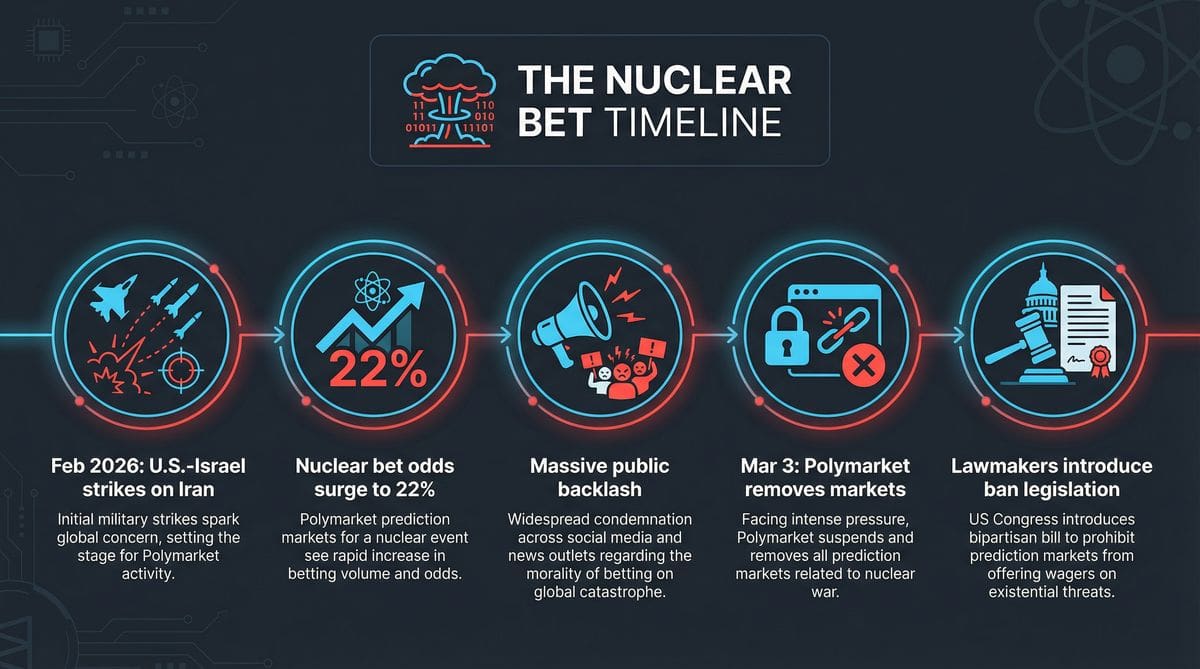 Timeline of the Polymarket nuclear war betting controversy from airstrikes to market removal