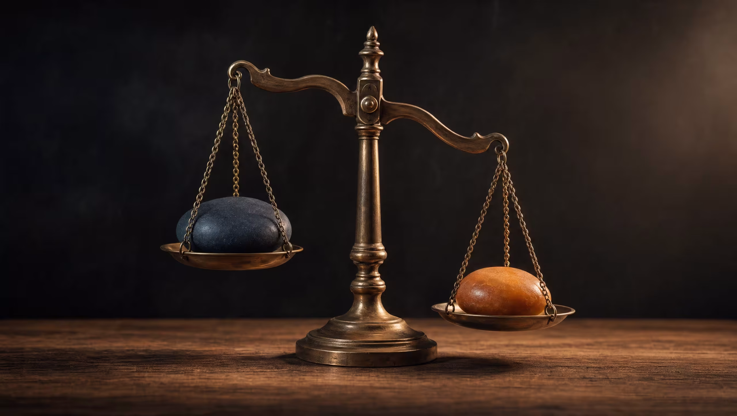 Vintage scale balance with deep blue stone weight on one side and warm amber stone weight on the other, dramatic sidelight.
