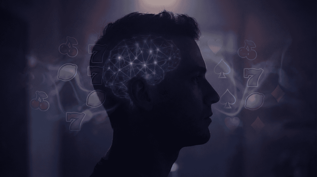 Silhouette of a person with illuminated brain neural pathways surrounded by casino symbols