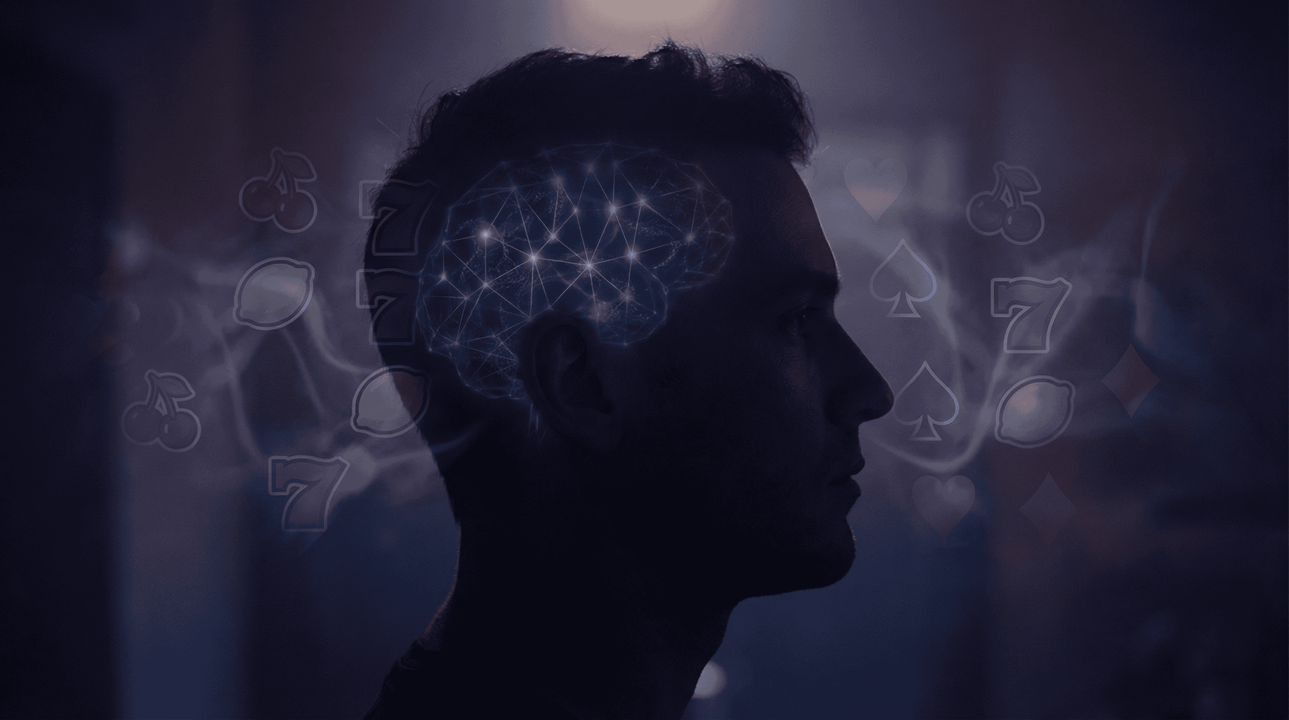 Silhouette of a person with illuminated brain neural pathways surrounded by casino symbols