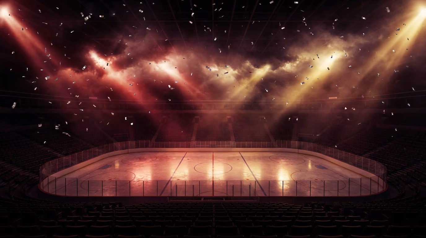 Confetti falling in a red-lit hockey arena after a Stanley Cup championship win