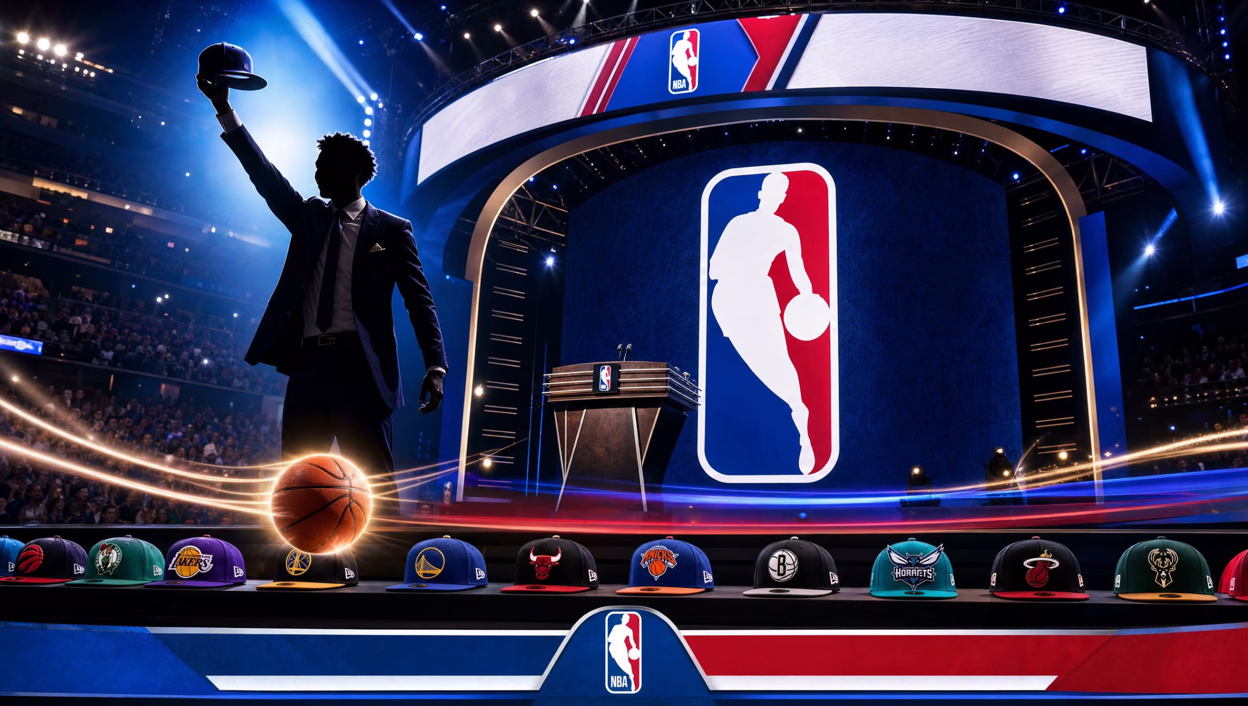 2026 NBA Draft betting preview graphic with the NBA logo on a draft stage at Barclays Center.