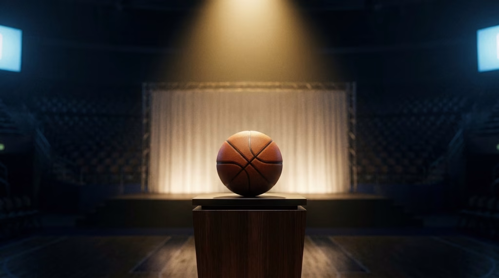 Basketball spotlit on a dark podium evoking 2026 NBA Draft night