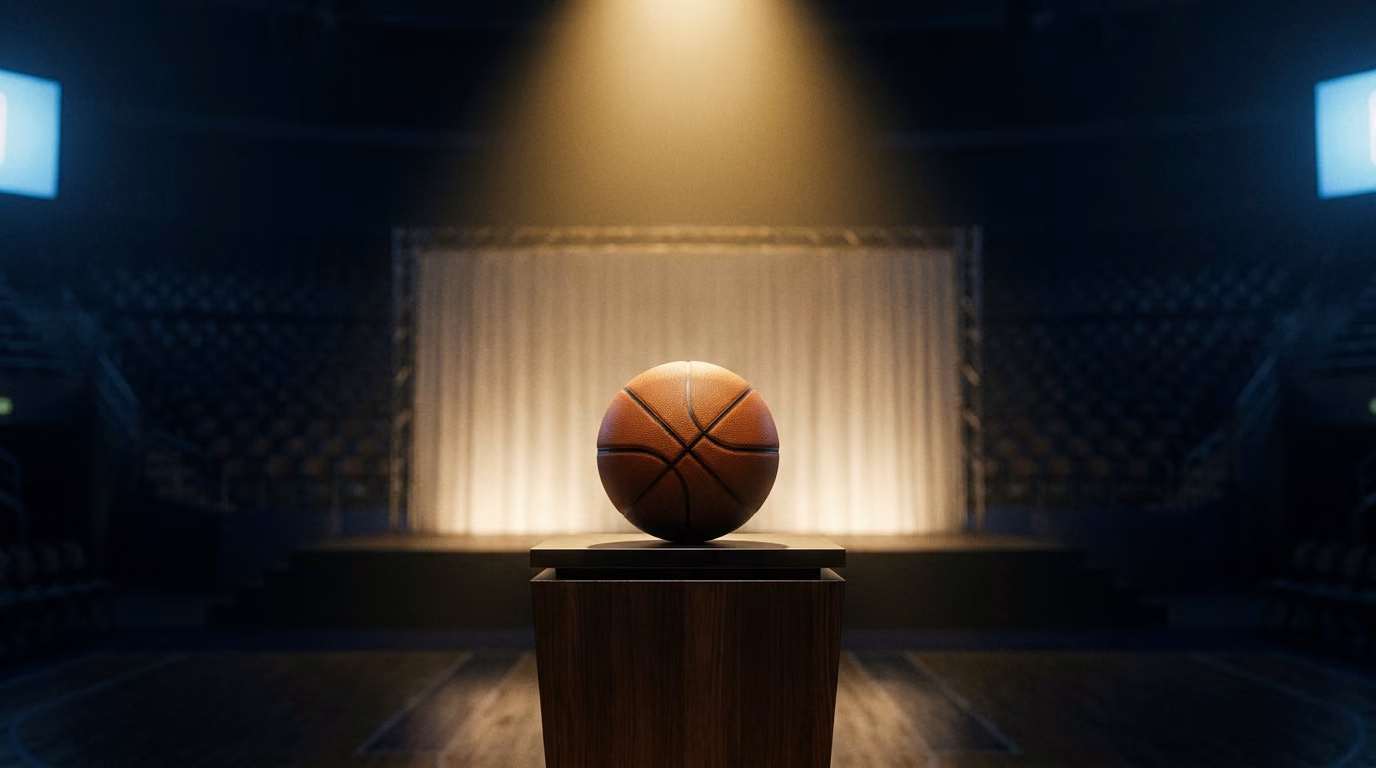 Basketball spotlit on a dark podium evoking 2026 NBA Draft night