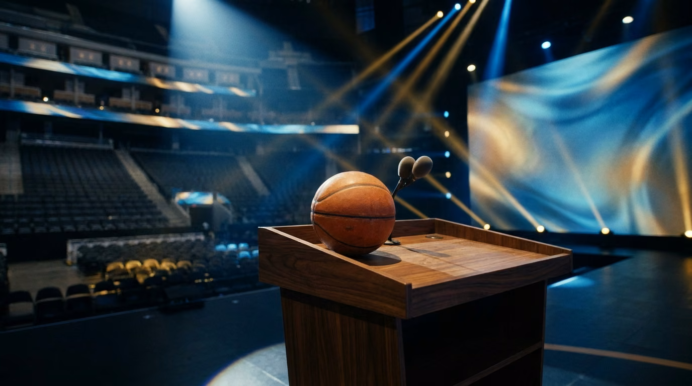 Basketball and microphone on a podium on an empty NBA draft-night arena stage under blue and gold lights