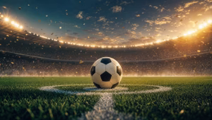 2026 World Cup stadium at golden hour with a soccer ball on the center spot after the opening week