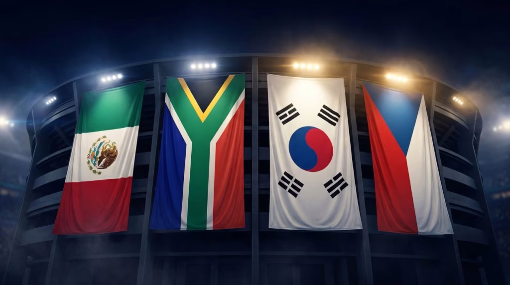 World Cup 2026 Group A flags — Mexico, South Africa, South Korea, and Czechia as stadium banners under floodlights