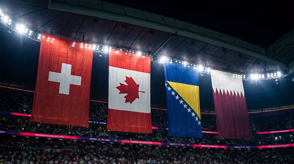 World Cup Group B flags — Switzerland, Canada, Bosnia and Herzegovina, and Qatar as stadium banners