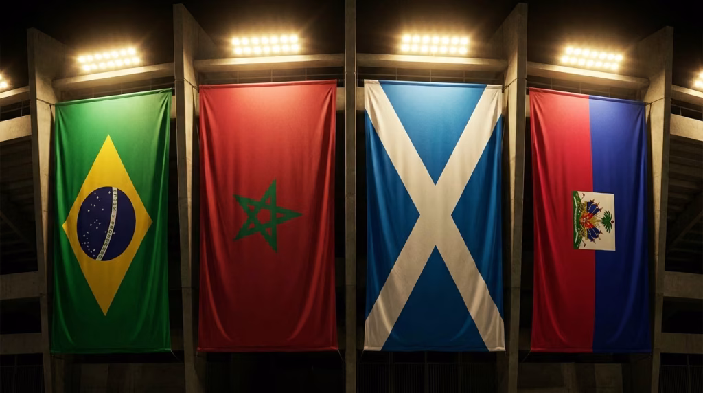 World Cup Group C flags: Brazil, Morocco, Scotland and Haiti draped as stadium banners under floodlights