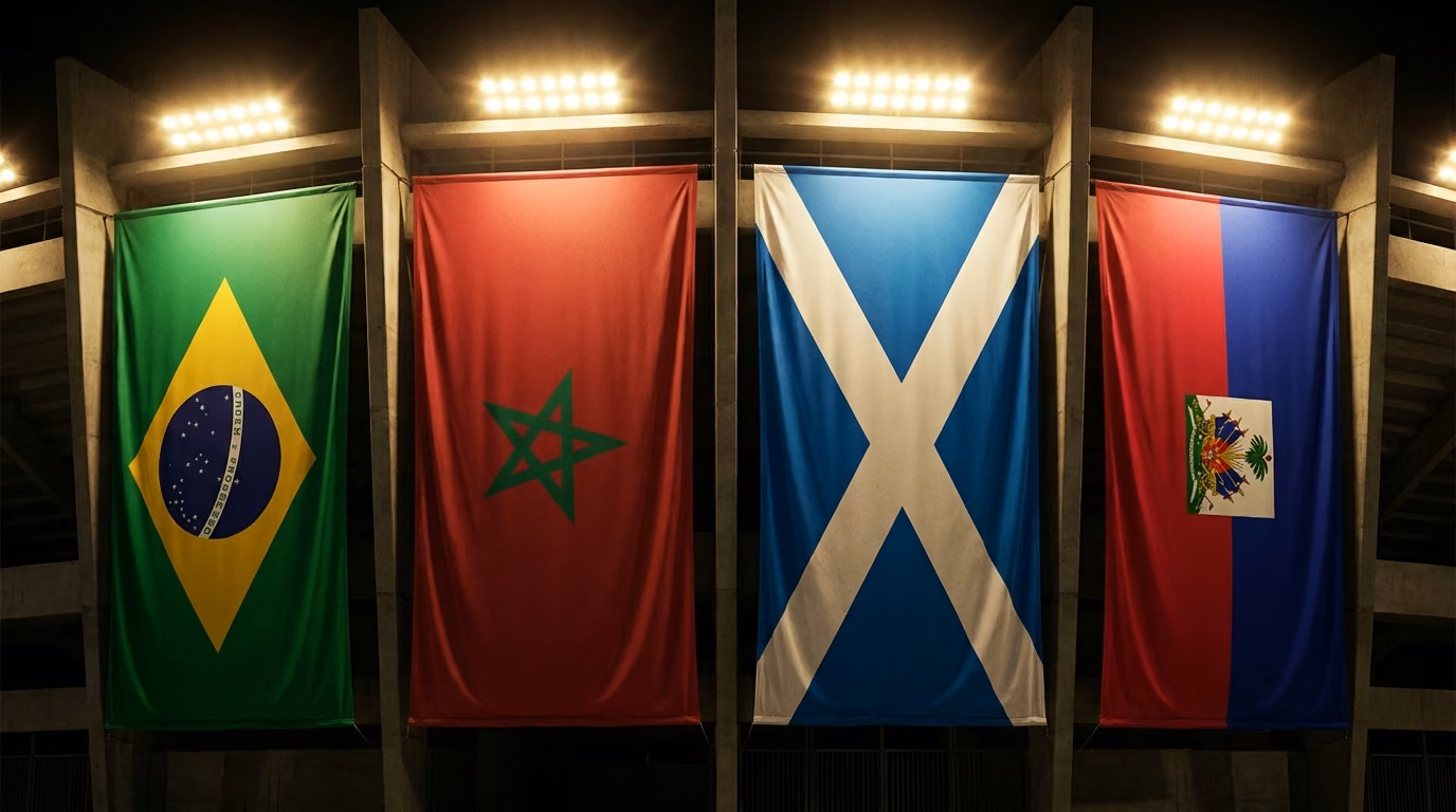 World Cup Group C flags: Brazil, Morocco, Scotland and Haiti draped as stadium banners under floodlights