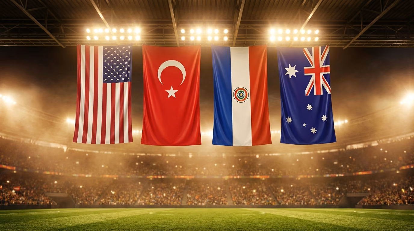 Flags of the USA, Turkiye, Paraguay and Australia in a stadium for 2026 World Cup Group D