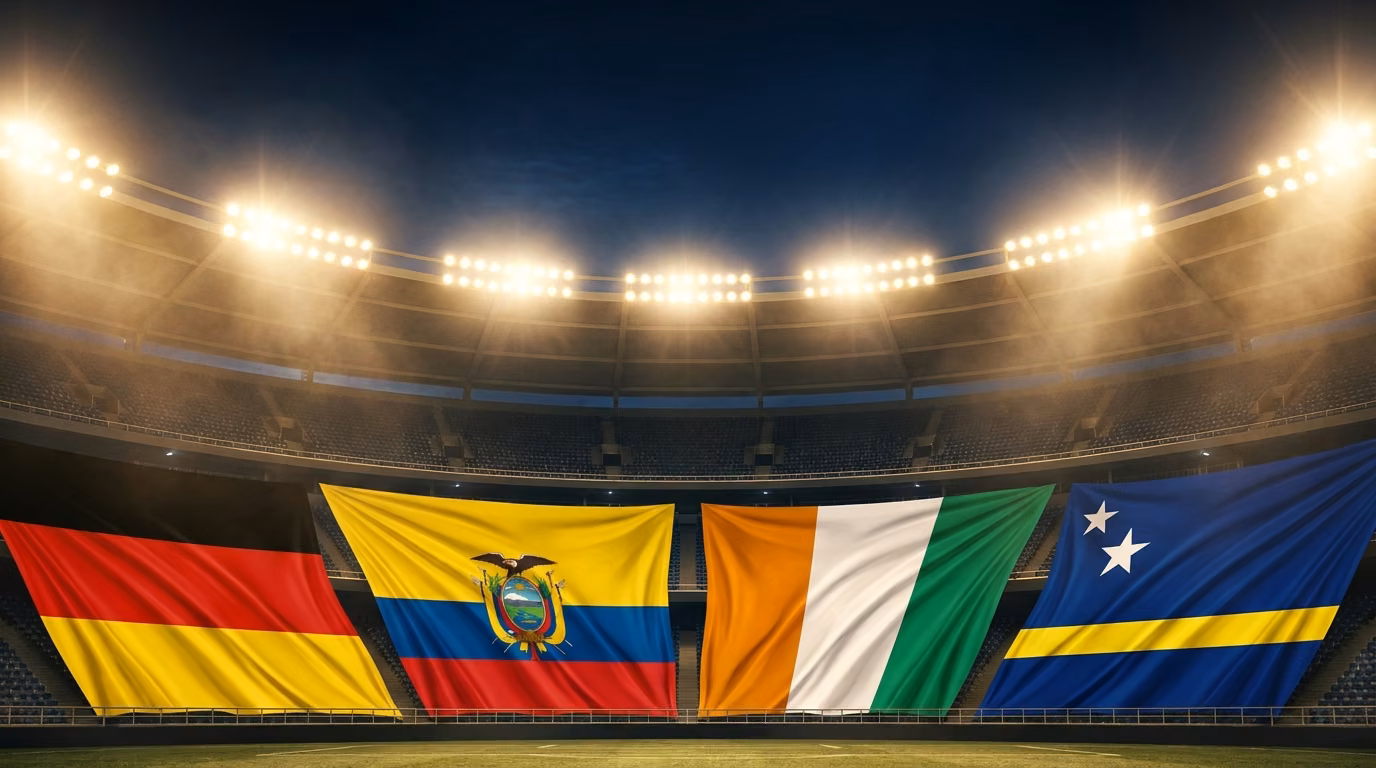 Germany, Ecuador, Ivory Coast and Curaçao flags as stadium banners — 2026 World Cup Group E