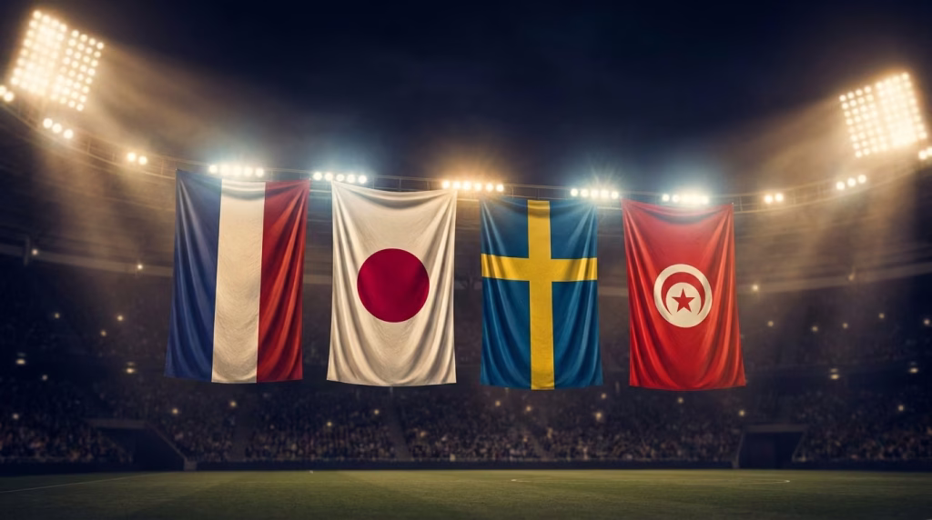 World Cup Group F flags — Netherlands, Japan, Sweden and Tunisia draped as stadium banners
