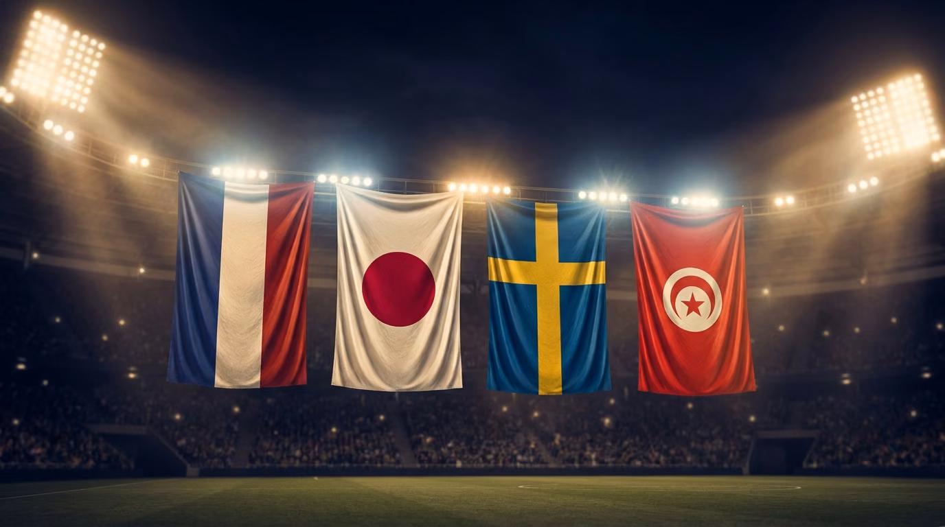 World Cup Group F flags — Netherlands, Japan, Sweden and Tunisia draped as stadium banners