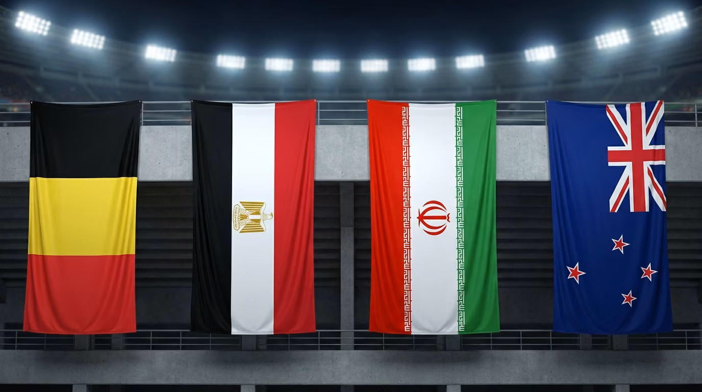 Belgium, Egypt, Iran and New Zealand flags as stadium banners for World Cup Group G