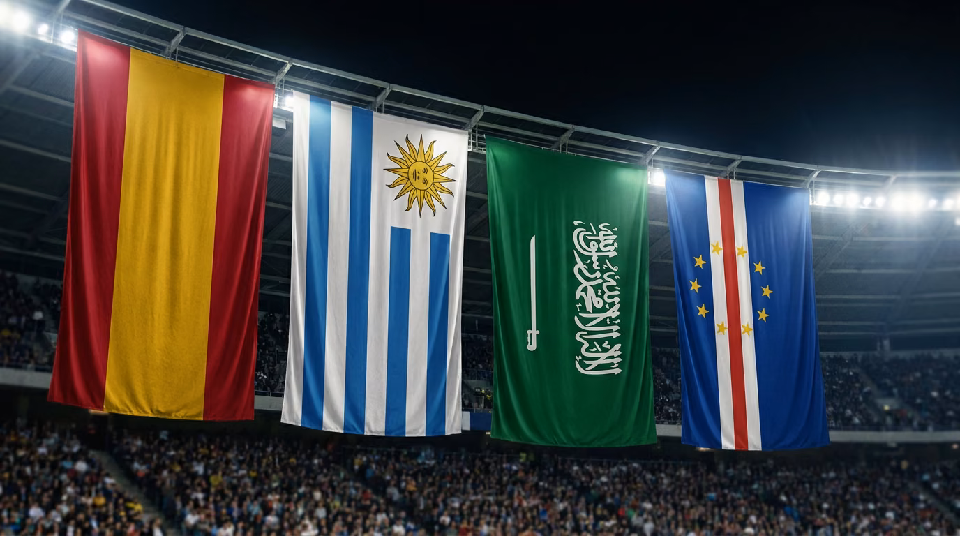 Flags of Spain, Uruguay, Saudi Arabia and Cape Verde as stadium banners for 2026 World Cup Group H