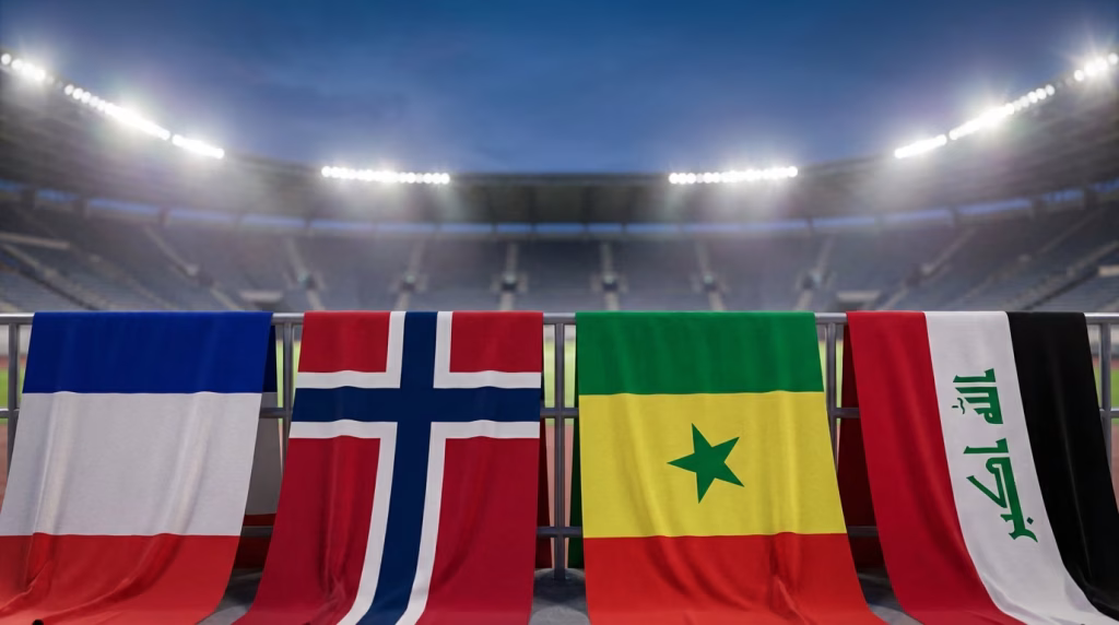 World Cup Group I flags of France, Norway, Senegal and Iraq draped as banners in a floodlit stadium