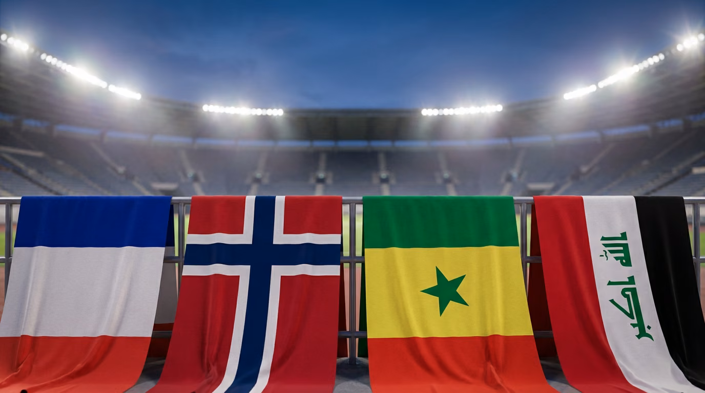 World Cup Group I flags of France, Norway, Senegal and Iraq draped as banners in a floodlit stadium