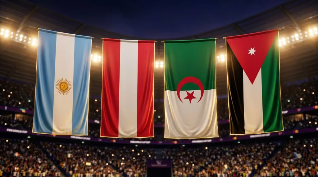 World Cup Group J flags: Argentina, Austria, Algeria and Jordan as stadium banners