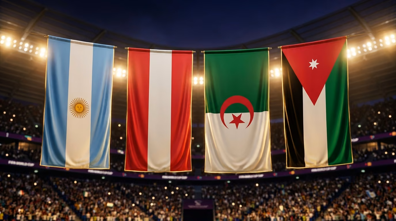 World Cup Group J flags: Argentina, Austria, Algeria and Jordan as stadium banners