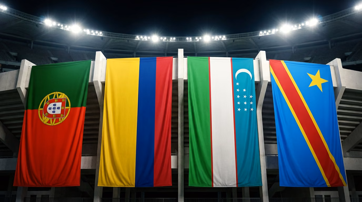 Flags of Portugal, Colombia, Uzbekistan and DR Congo as stadium banners — 2026 World Cup Group K