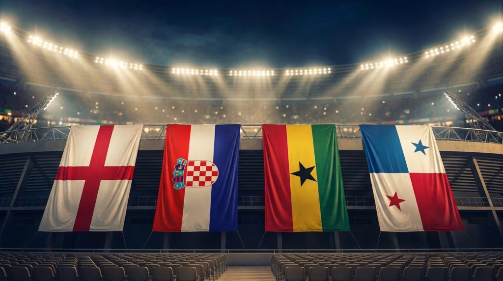 World Cup Group L flags — England, Croatia, Ghana and Panama draped as stadium banners under floodlights