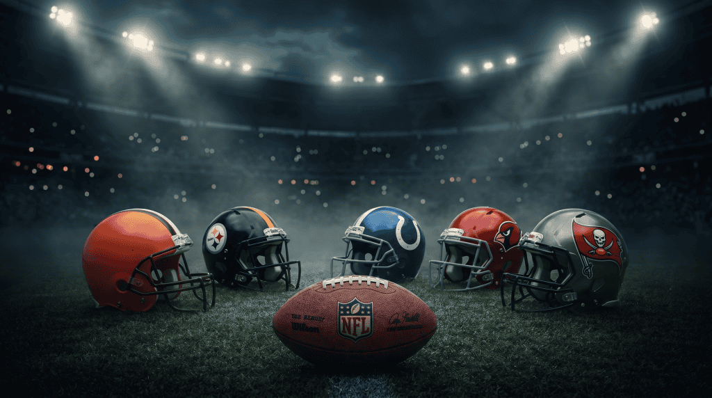 Five NFL team helmets on a dark field representing Brendan Sorsby landing spots in the supplemental draft
