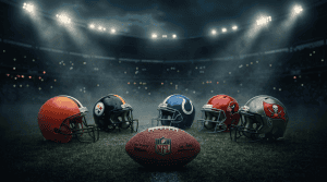 Five NFL team helmets on a dark field representing Brendan Sorsby landing spots in the supplemental draft
