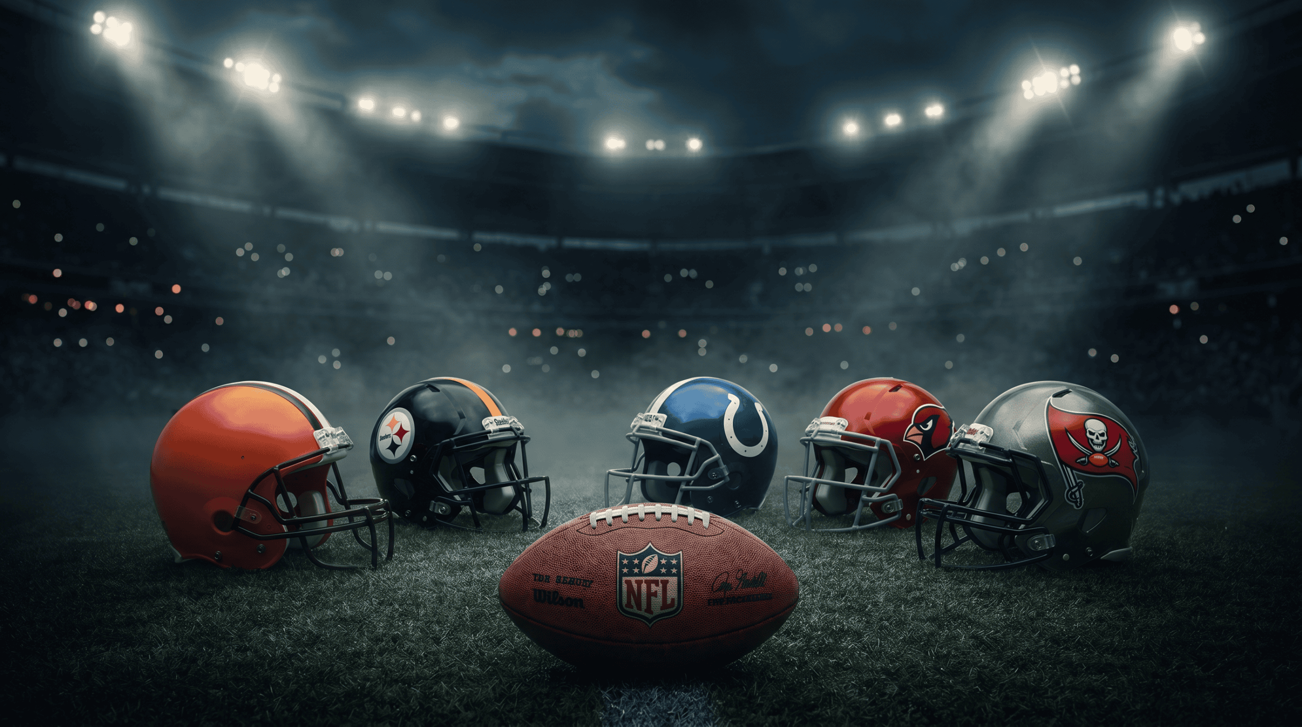 Five NFL team helmets on a dark field representing Brendan Sorsby landing spots in the supplemental draft