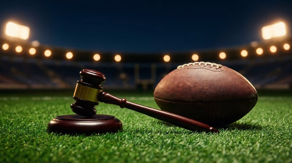 A judge's gavel resting on football turf under stadium lights, evoking the NCAA gambling eligibility case