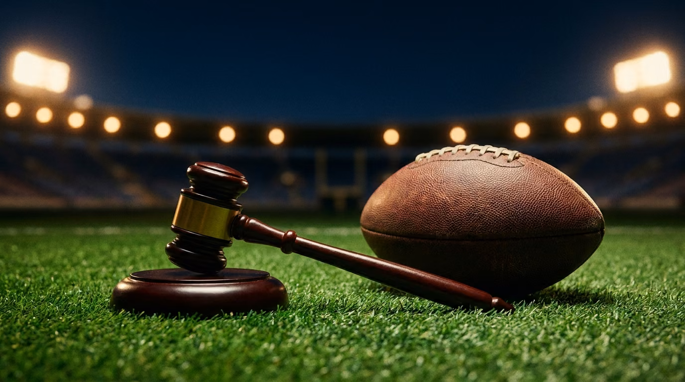 A judge's gavel resting on football turf under stadium lights, evoking the NCAA gambling eligibility case