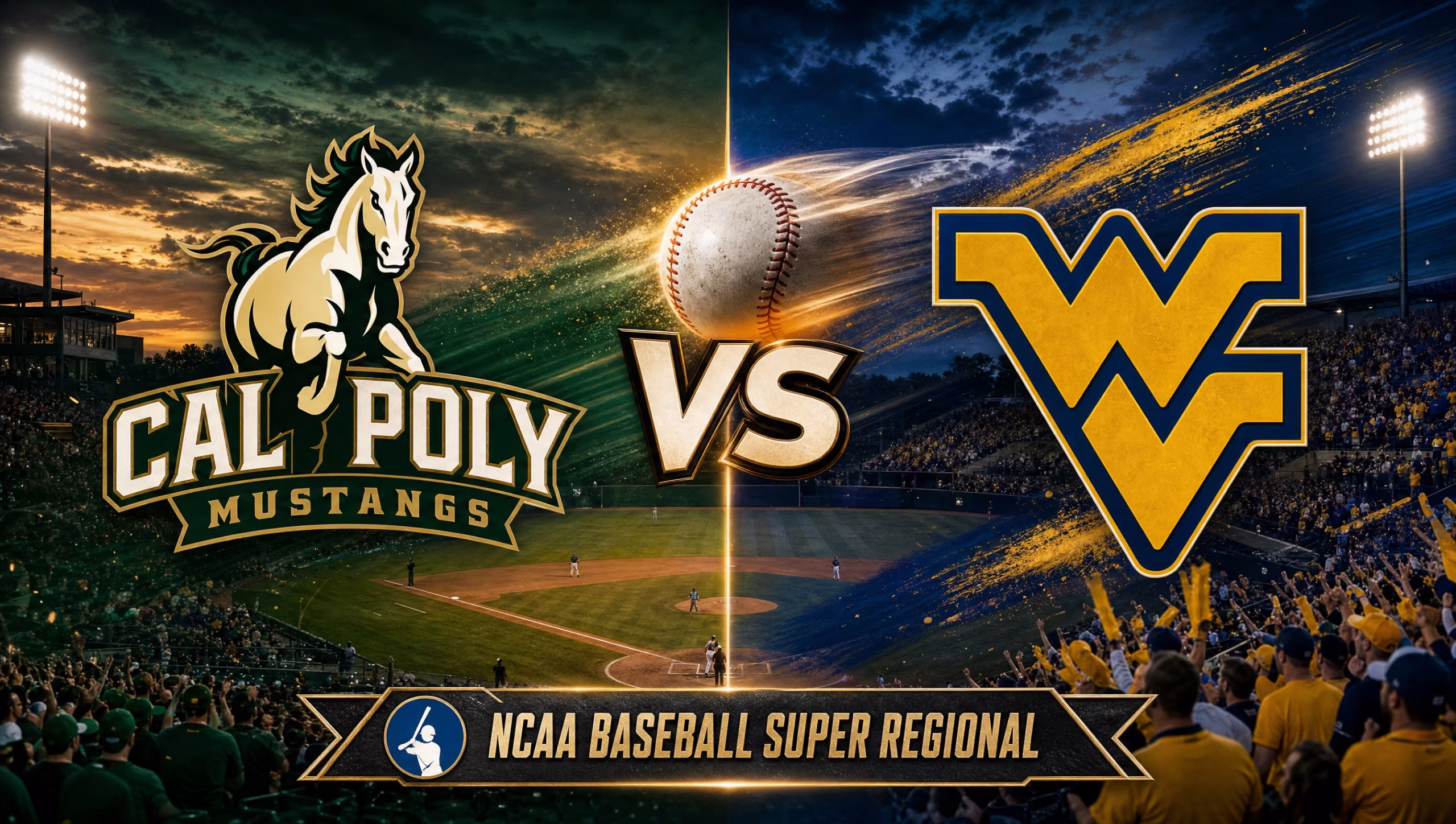 Cal Poly Mustangs vs West Virginia Mountaineers NCAA baseball Super Regional matchup graphic.